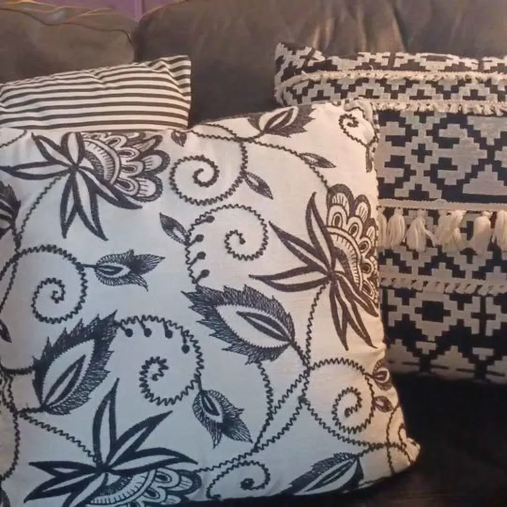 Set of 3 black & cream throw pillows embroidery fringe boho classic